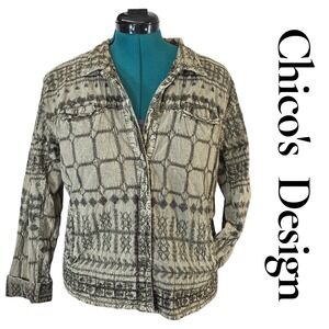 Chicos Design Jacket Womens Size 2 L Green Cotton Embroidered Boho Button Front
